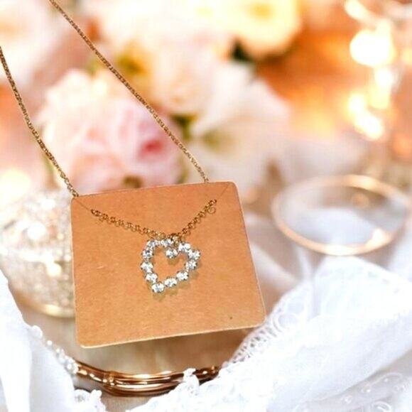 Necklace Gold Plated Chain w Heart Pendent Simulated Diamonds 10" hang length - Picture 3 of 13